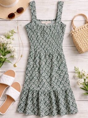 LOFT Petite Green Floral Sundress XXSP Smocked Summer Dress